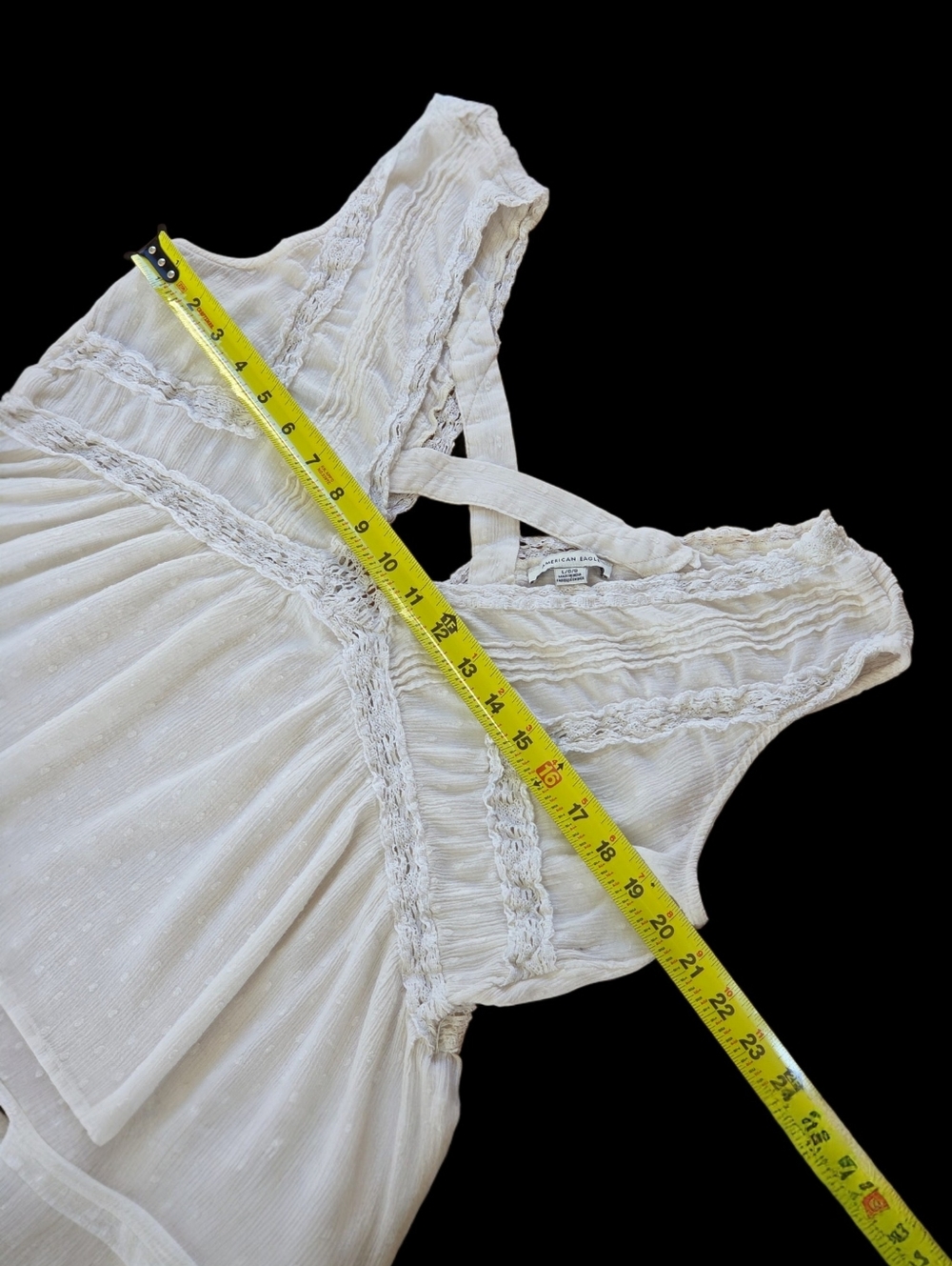 American Eagle Lace Shell Top Babydoll Tank Blouse Flowy Trapeze Gauzy Ivory L - Picture 9 of 13